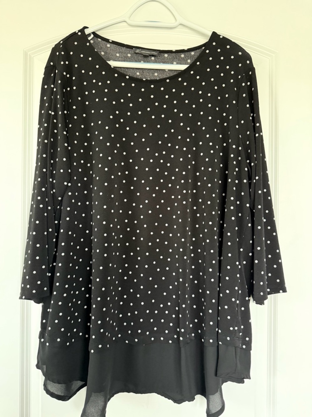 Adrianna Papell Black Top with White Polka Dots and Sheer Hem